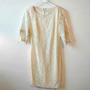 Eci Sz 8 Floral Open Crochet Lace Lined Dress Short Sleeve Solid Strip Dress NWT